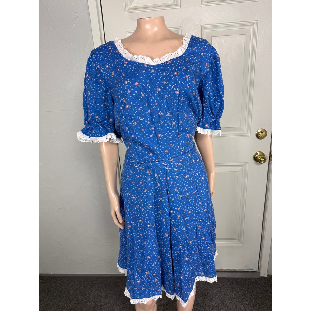 Vintage 70s Dress Cottage Cotton Floral Western Square Dance Lace Country A4-15